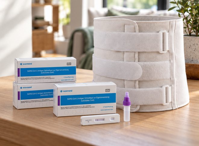 Antigen-Schnelltests und Rückenbandage